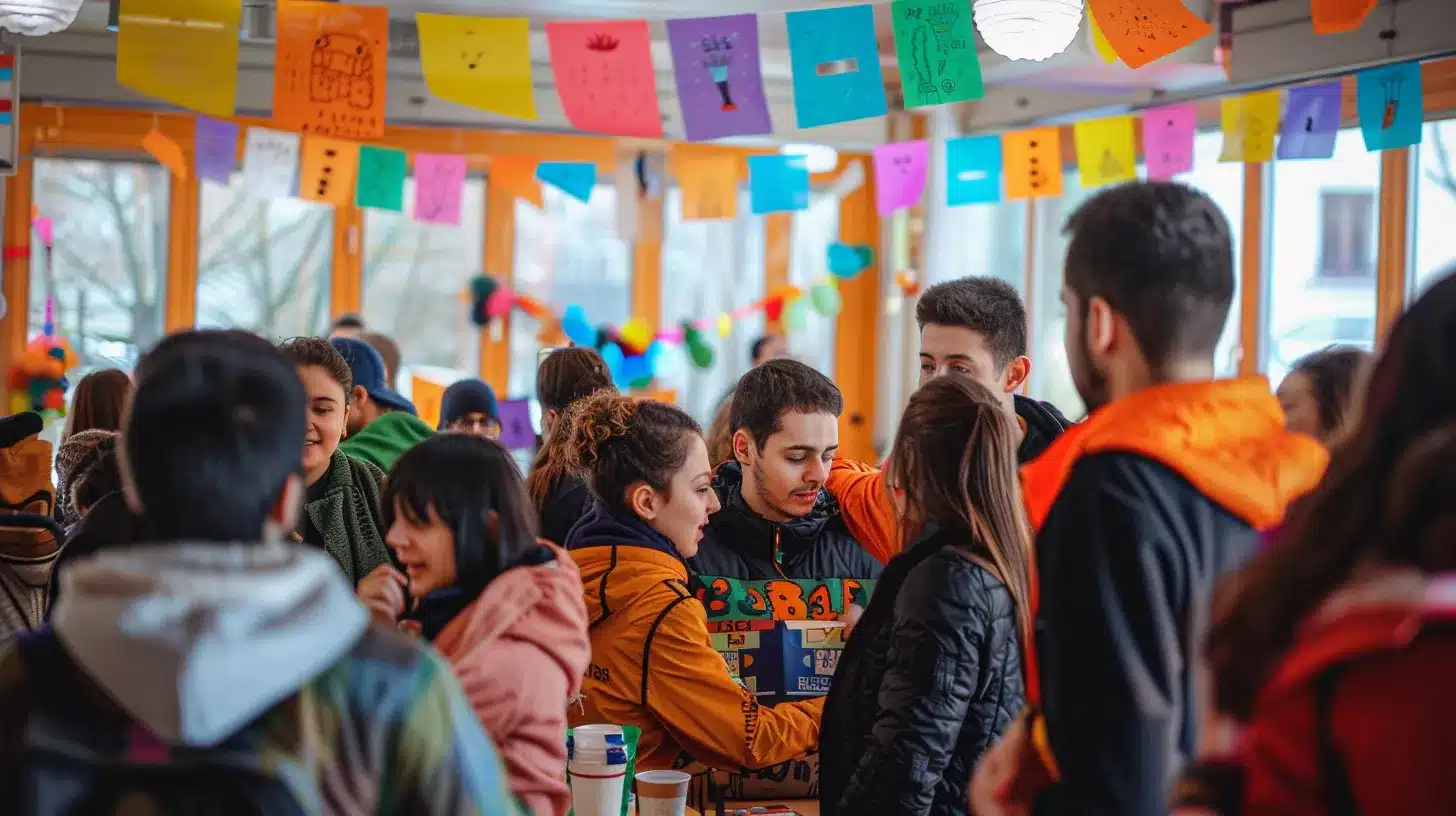 a vibrant community gathering in south lyon, showcasing locals engaged in lively discussions and sharing stories, surrounded by colorful banners and interactive displays that highlight local culture and unity.