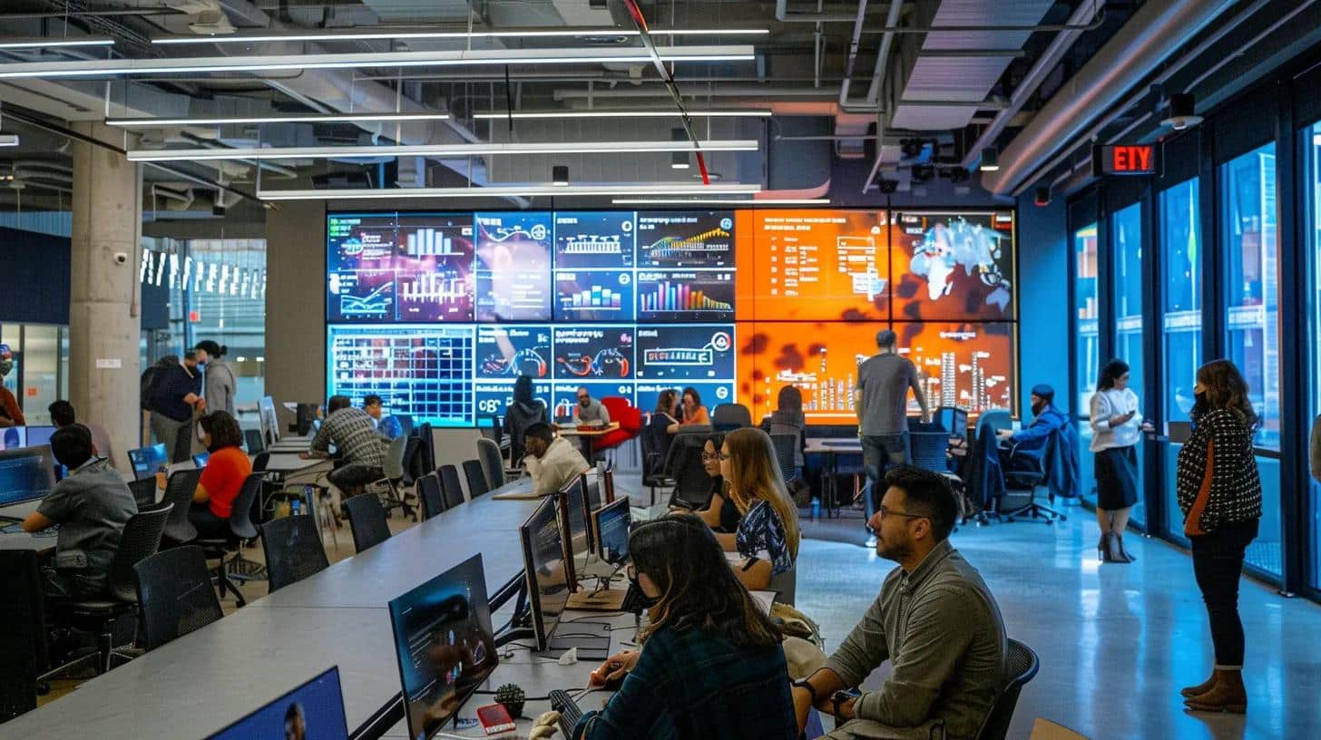 a vibrant digital marketing workspace featuring a large screen displaying engaging social media analytics, surrounded by dynamic team members collaborating enthusiastically over content strategies in a modern office environment.