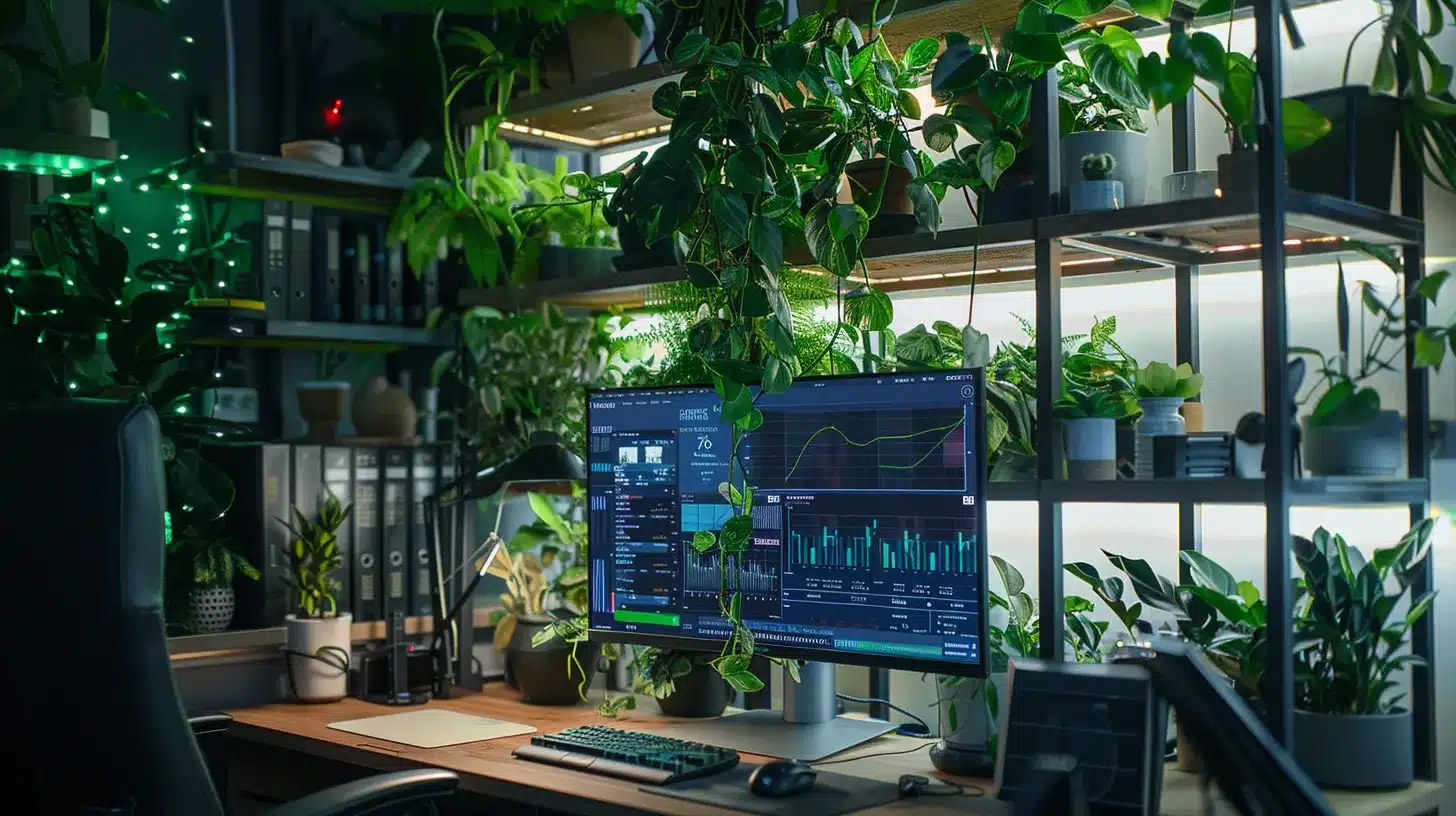 a vibrant, high-tech workspace showcases a sleek computer screen displaying website performance analytics, surrounded by greenery and soft, natural light, symbolizing the seamless integration of technology and sustainability for improved seo results.