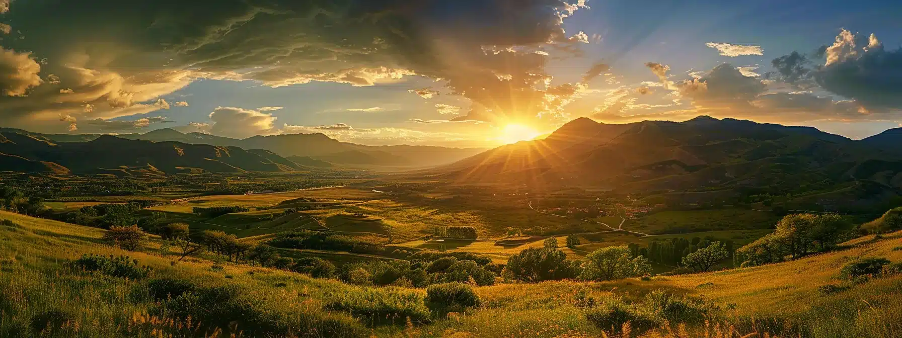 a vibrant landscape depicting a lush, green valley under a golden sunset, with dramatic clouds framing the scene to convey a sense of tranquility and natural beauty.