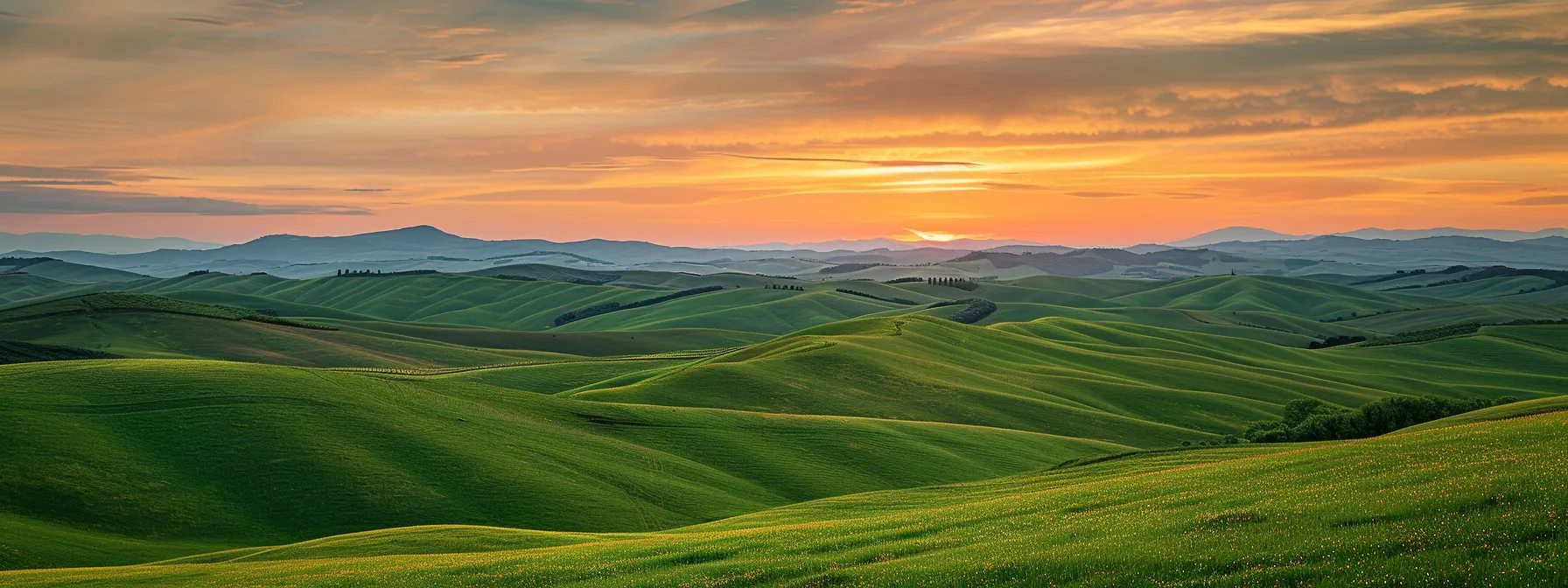 a vibrant landscape of rolling green hills under a dramatic, swirling sunset sky, symbolizing the dynamic interplay of nature and digital innovation.