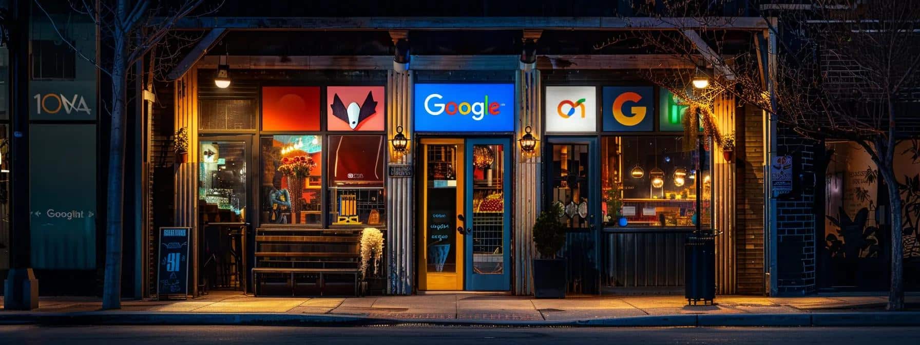 a vibrant local storefront proudly displays a google my business profile sign, illuminated by the golden glow of sunset, emphasizing the importance of digital presence for businesses.