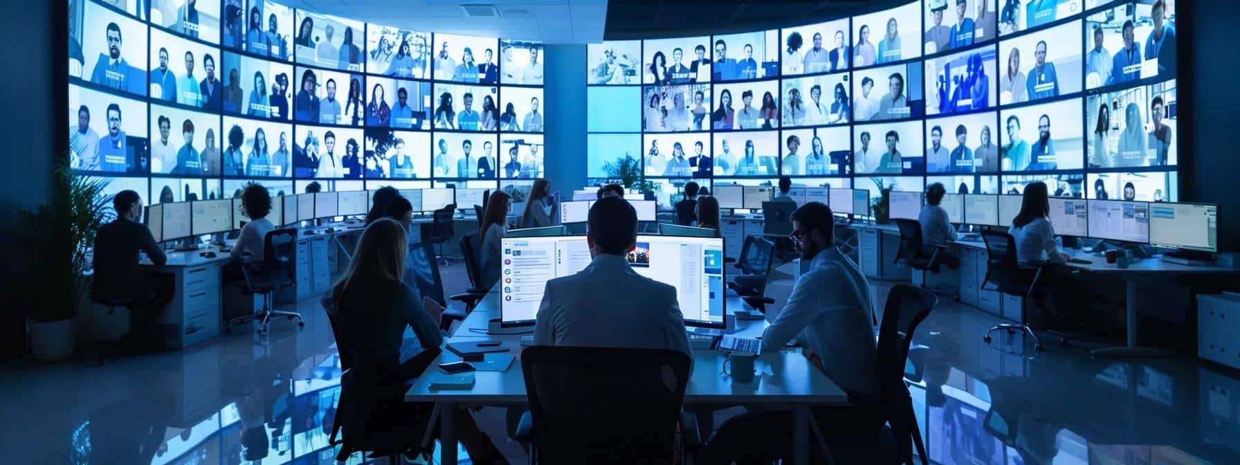 a vibrant office environment showcases professionals engaging with various social media platforms on sleek monitors, radiating energy and collaboration as they strategize to enhance link acquisition through dynamic content promotion.