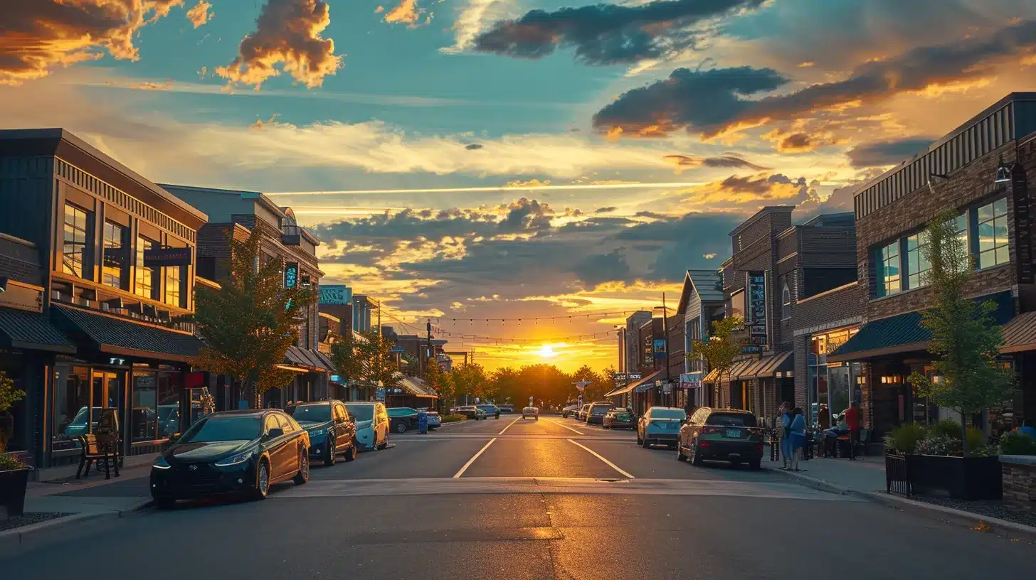 a vibrant street scene in south lyon, bustling with diverse local businesses and engaged community members sharing and interacting on their devices, under a warm sunset glow that symbolizes a strong connection between social media and local visibility.