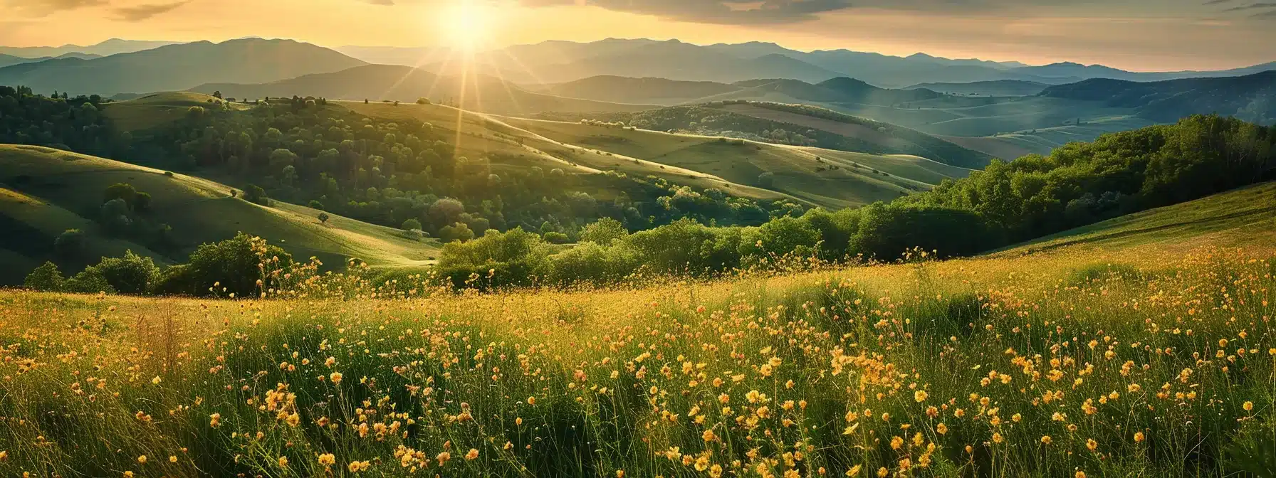 a vibrant, sunlit landscape featuring rolling hills blanketed in golden wildflowers, capturing the essence of nature's beauty and tranquility.