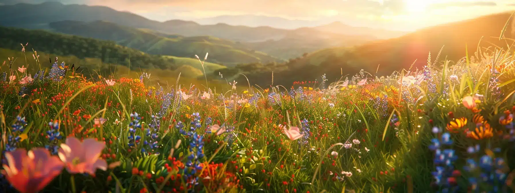 a vibrant, sunlit landscape of rolling hills adorned with colorful wildflowers, embodying the principles of seo through visual clarity and organic harmony.