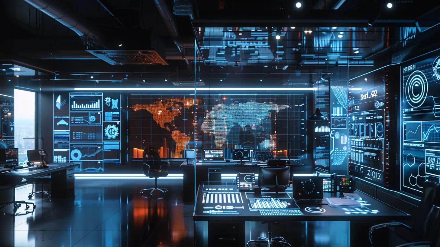 a modern office workspace filled with sleek digital devices displays an organized dashboard of glowing graphs and keyword analytics, emphasizing the strategic process of effective seo keyword research.