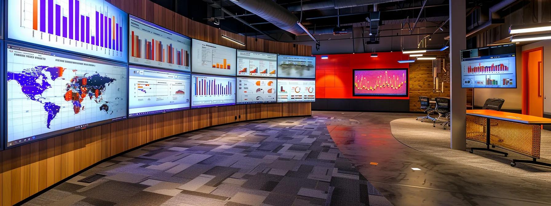 a sleek, modern office environment showcases a digital dashboard filled with colorful graphs and site architecture diagrams on large monitors, emphasizing strategic navigation and user experience for enterprise seo enhancement.