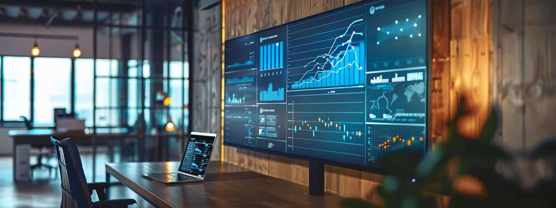 a sleek, modern office environment features a large digital screen displaying engaging analytics and compelling content strategies, emphasizing the critical intersection of high-quality ux and seo for enterprises.