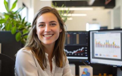a sleek, modern office environment features a large screen displaying colorful graphs and analytics tools, emphasizing the dynamic process of keyword research for seo success.