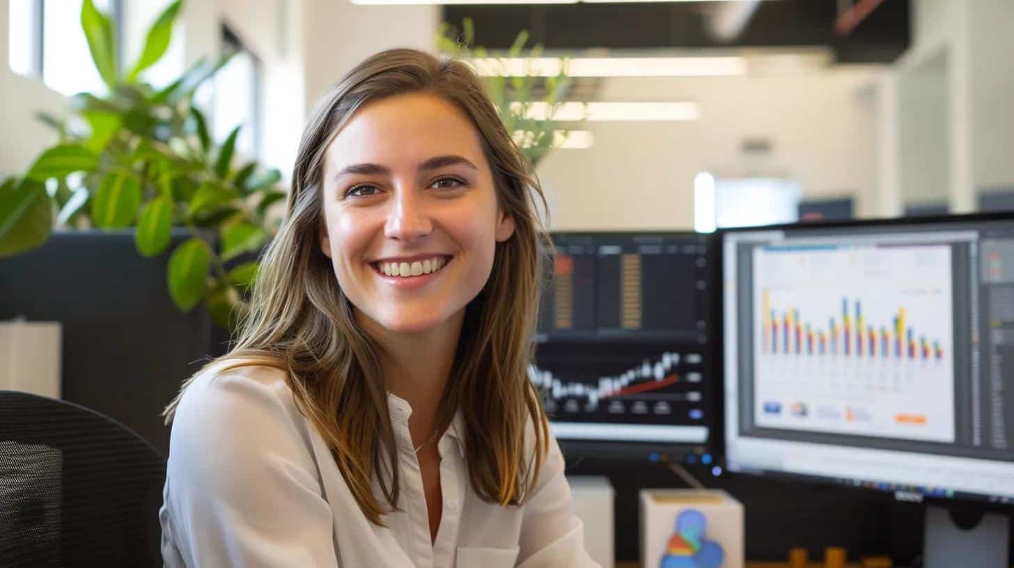 a sleek, modern office environment features a large screen displaying colorful graphs and analytics tools, emphasizing the dynamic process of keyword research for seo success.