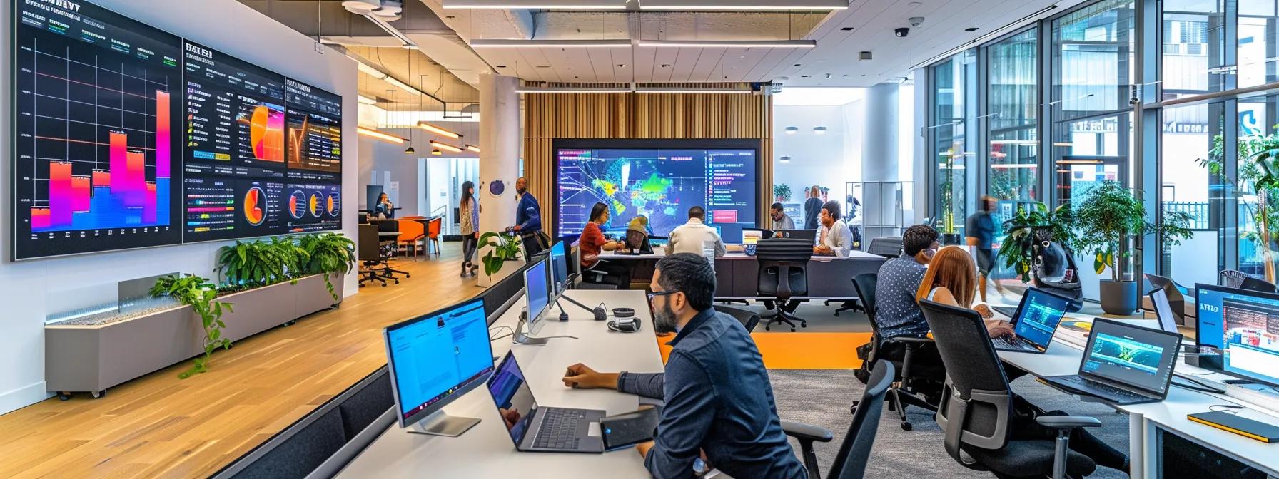 a sleek, modern office space features a large digital dashboard displaying vibrant charts and graphs representing user experience metrics for enterprise seo, with professionals analyzing data on their laptops amidst a collaborative atmosphere.