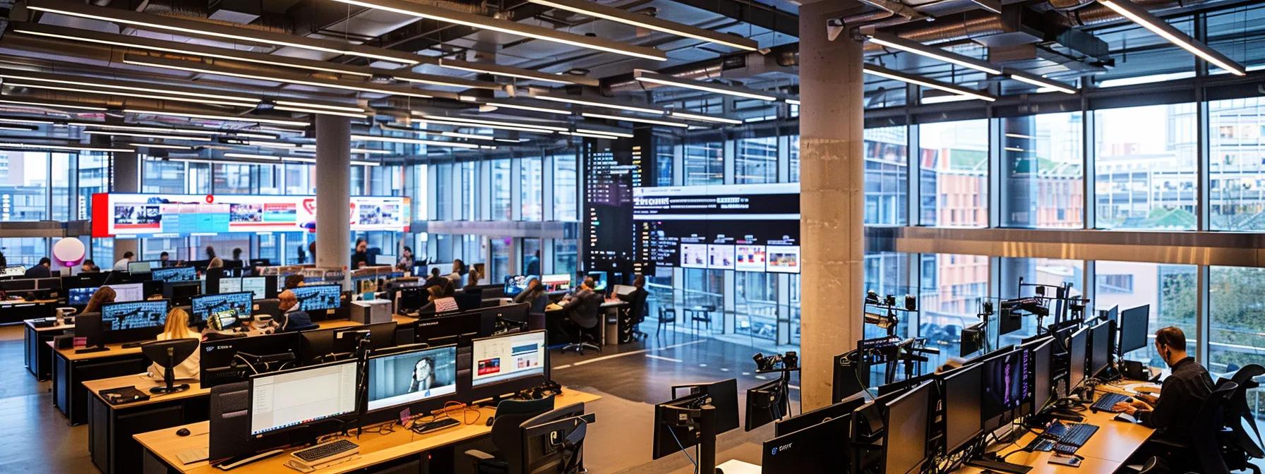 a sleek, modern office space showcases a large digital display featuring a dynamic mobile-first website interface, highlighting user-friendly design elements and fast loading indicators, symbolizing the essential strategies for optimizing mobile user experiences in large enterprises.