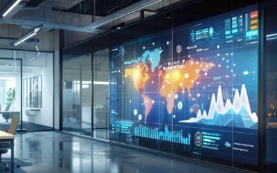 a sleek, modern office workspace features a large digital screen displaying an engaging user interface design, surrounded by data analytics charts, emphasizing the critical role of user experience in elevating search rankings for enterprises.