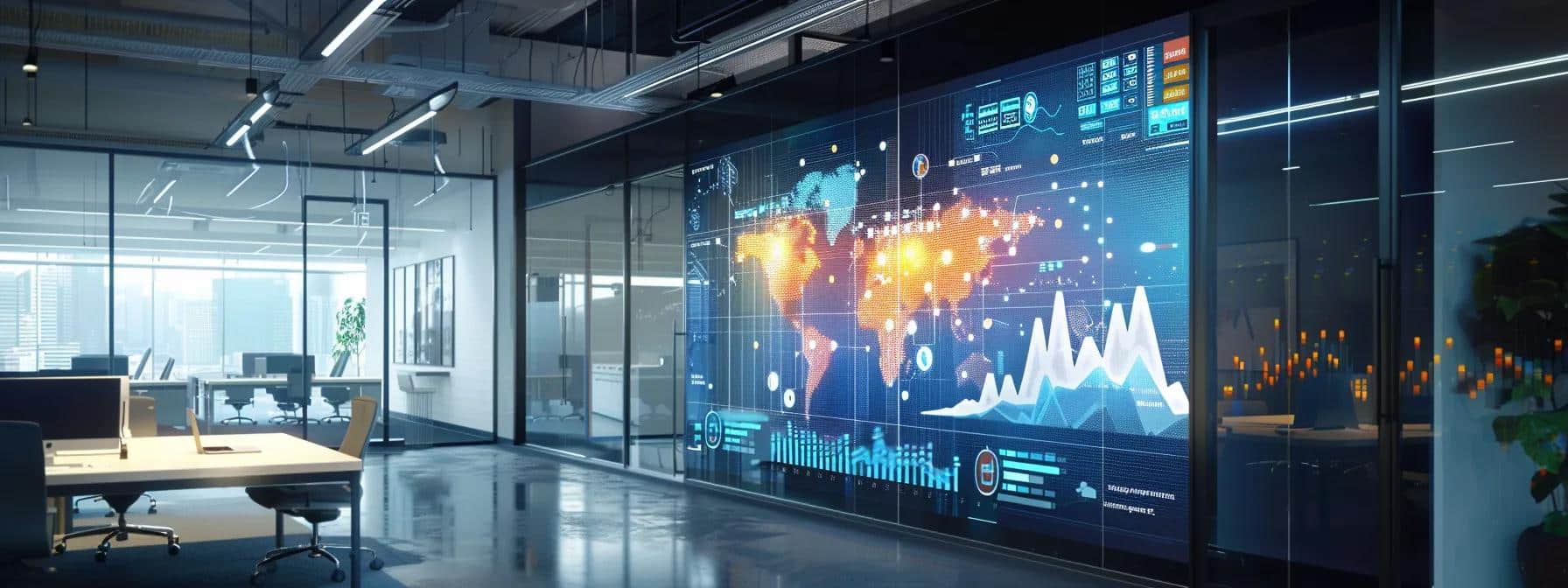 a sleek, modern office workspace features a large digital screen displaying an engaging user interface design, surrounded by data analytics charts, emphasizing the critical role of user experience in elevating search rankings for enterprises.