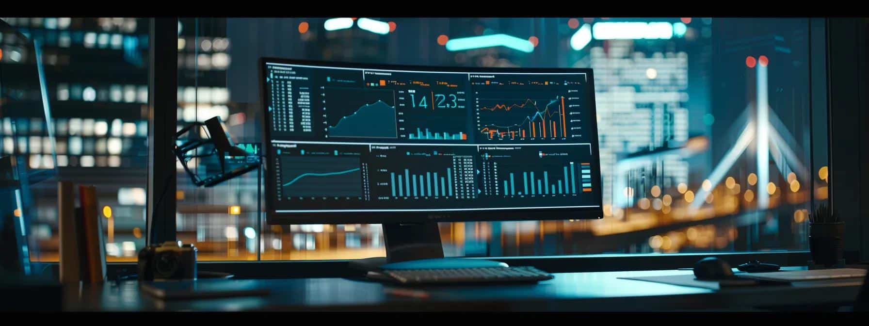a sleek, modern office workspace features a large monitor displaying colorful graphs and metrics related to core web vitals, highlighting the importance of seo optimization in a professional environment.