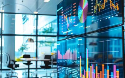 a sleek, modern office workspace showcases a large digital display filled with colorful graphs and statistics analyzing average ppc costs per click, with an emphasis on data-driven decision-making in a vibrant, tech-savvy environment.