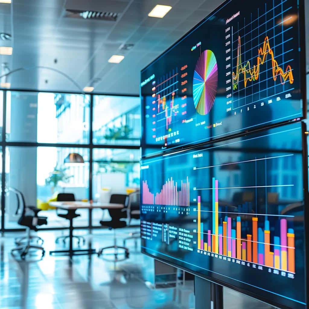 a sleek, modern office workspace showcases a large digital display filled with colorful graphs and statistics analyzing average ppc costs per click, with an emphasis on data-driven decision-making in a vibrant, tech-savvy environment.