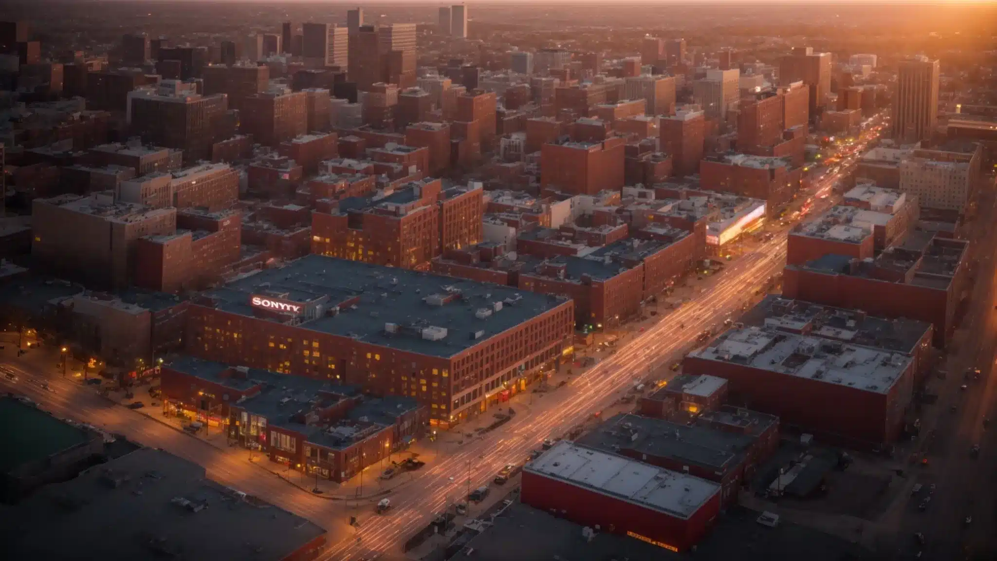 a vibrant aerial view of a bustling michigan cityscape, featuring modern advertising agency buildings and colorful billboards, illuminated by the warm glow of sunset.