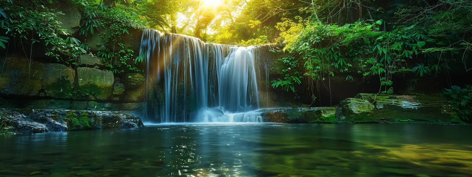 a vibrant, cascading waterfall surrounded by lush, emerald foliage reflects the sun's golden rays, creating a serene oasis that embodies tranquility and natural beauty.