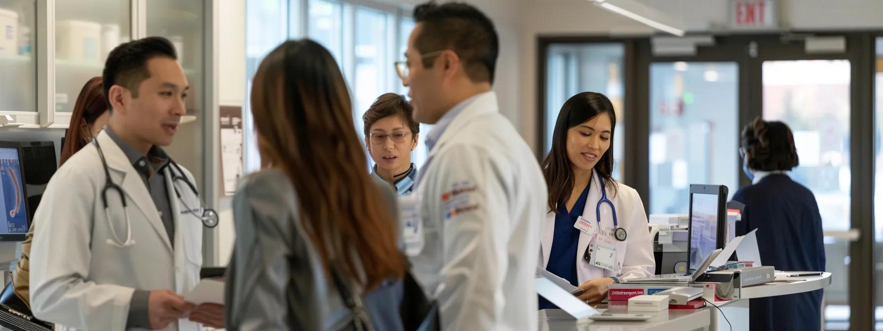 a bright and organized medical office features a diverse group of engaged patients attentively reviewing informative pamphlets and digital screens, highlighting the importance of education in empowering health decisions.