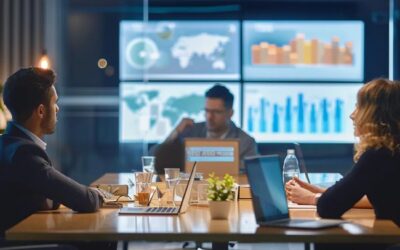 a dynamic office workspace features a diverse team engaged in a strategic meeting, surrounded by digital displays showcasing nationwide seo data and analytics in a modern, sleek environment.
