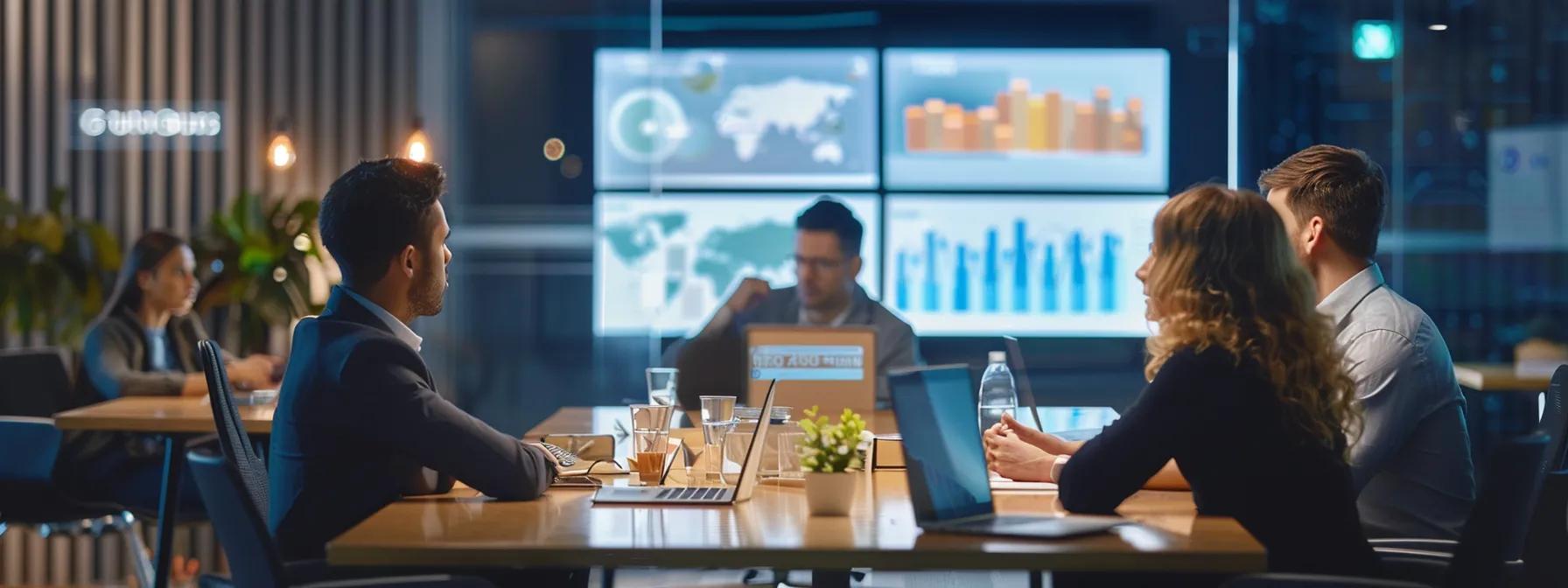 a dynamic office workspace features a diverse team engaged in a strategic meeting, surrounded by digital displays showcasing nationwide seo data and analytics in a modern, sleek environment.