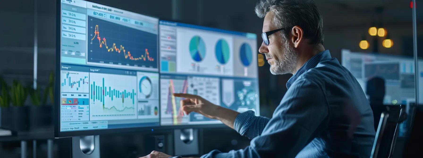 a focused healthcare it professional analyzes a large digital dashboard displaying real-time website performance metrics in a sleek, modern office, emphasizing the importance of ongoing website maintenance and security in the healthcare industry.
