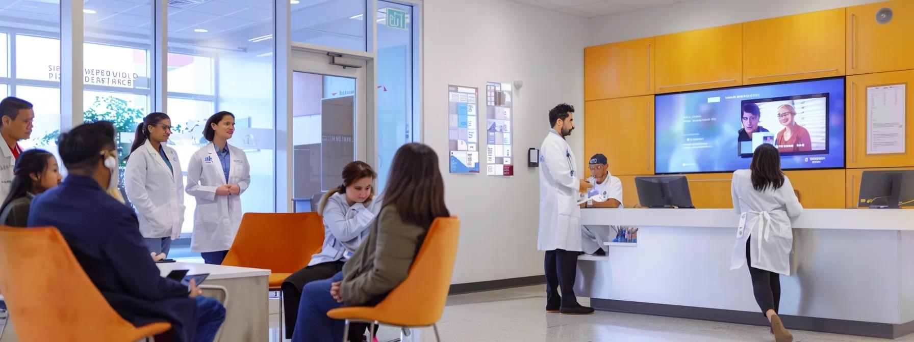 a modern healthcare office, featuring a sleek digital display with interactive patient engagement tools prominently showcased, highlighting a diverse group of patients and healthcare providers engaged in a dynamic educational exchange.