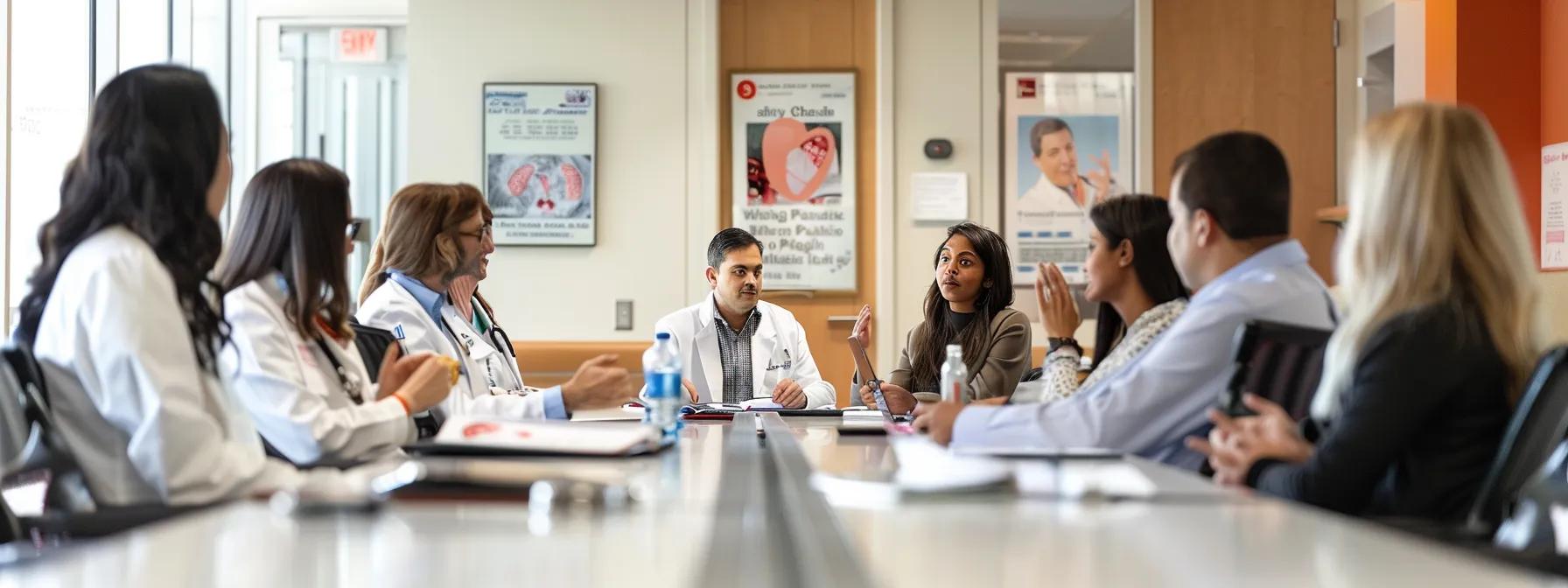 a modern medical office setting features a sleek conference table surrounded by healthcare professionals engaged in a vibrant discussion, with posters of the american heart association and the national cancer institute displayed prominently on the walls, symbolizing the importance of authoritative standards in patient education.