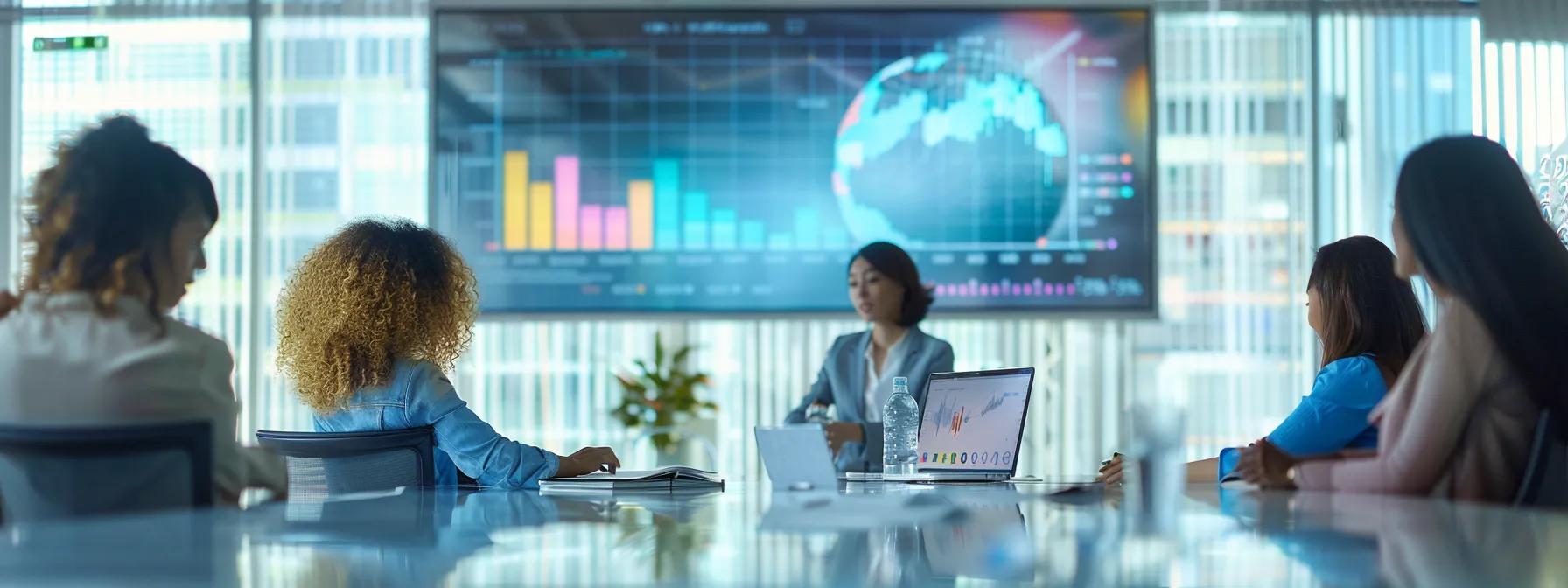a modern office setting features a sleek conference room where a diverse team discusses seo pricing models around a polished table, with charts and graphs displaying performance metrics projected on the wall, illustrating the strategic investment in digital marketing.