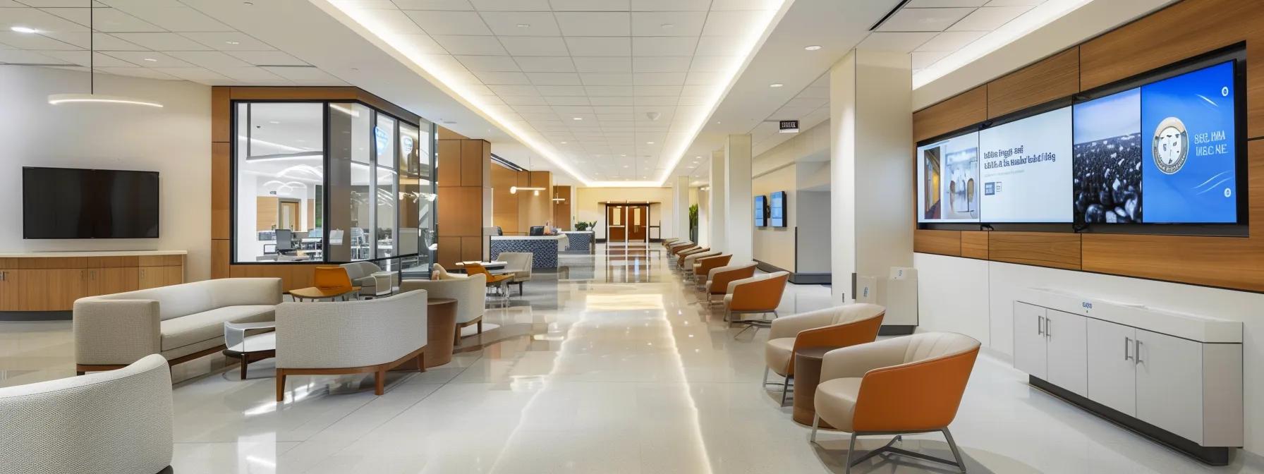 a modern, well-lit hospital waiting room with engaging educational materials displayed on sleek digital screens, highlighting important health information for patients.