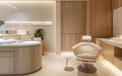 a sleek and modern med spa office, featuring elegant treatment rooms adorned with minimalist decor, soft ambient lighting, and advanced skincare technology, all aimed at conveying a sense of luxury and tranquility.
