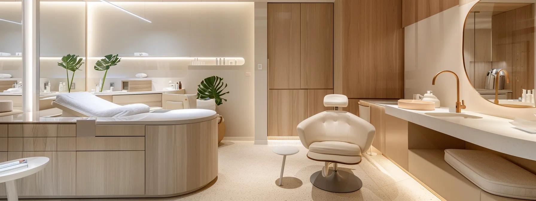 a sleek and modern med spa office, featuring elegant treatment rooms adorned with minimalist decor, soft ambient lighting, and advanced skincare technology, all aimed at conveying a sense of luxury and tranquility.