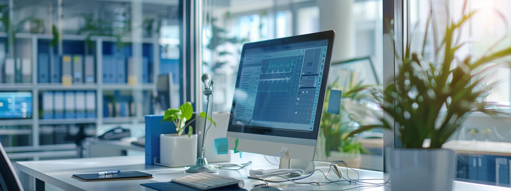 a sleek, modern office workspace featuring a computer screen displaying a secure healthcare website, surrounded by high-tech security tools and blueprints, emphasizing hipaa compliance in healthcare website development.