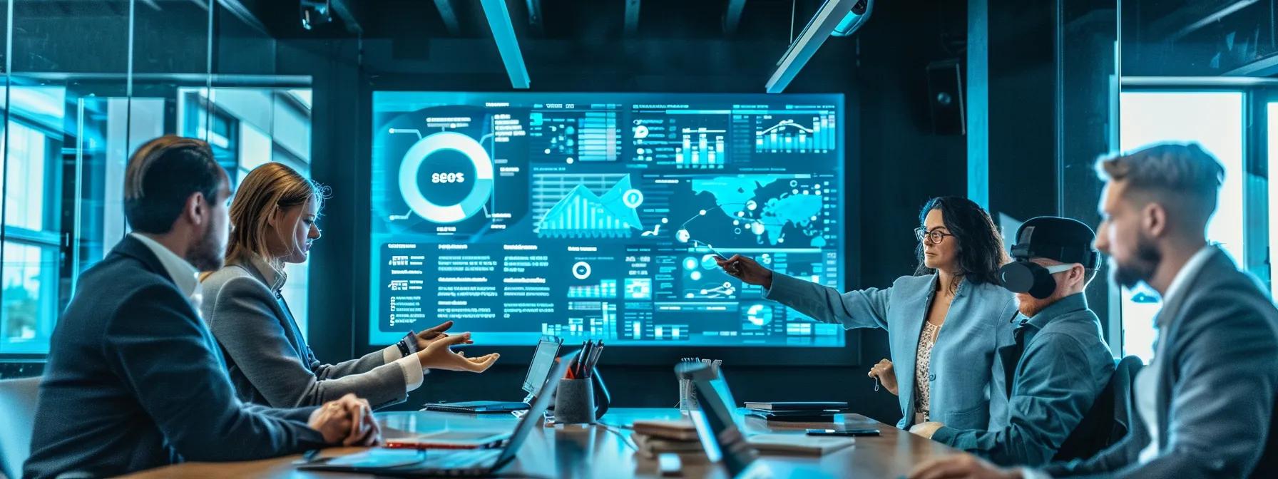 a sleek, modern office space features a large screen displaying a dynamic infographic of seo strategies, with visual elements representing keyword research, technical audits, and content marketing showcased on a chic conference table surrounded by attentive professionals.