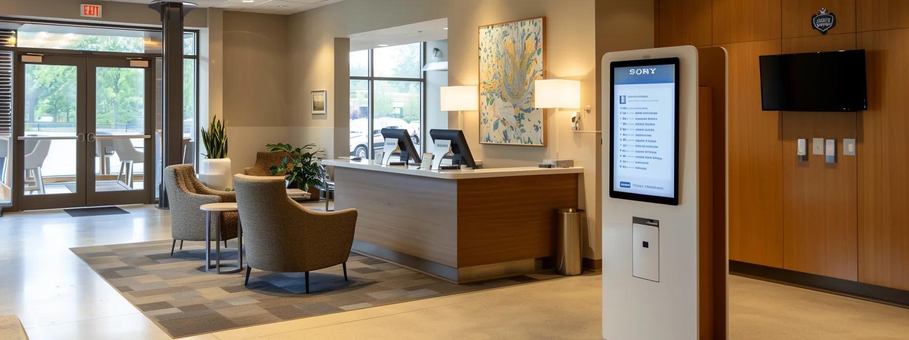 an inviting, modern healthcare office with a sleek digital kiosk displaying a user-friendly patient-centric website, emphasizing simplicity and clear navigation, bathed in warm, artificial lighting to create a welcoming atmosphere.